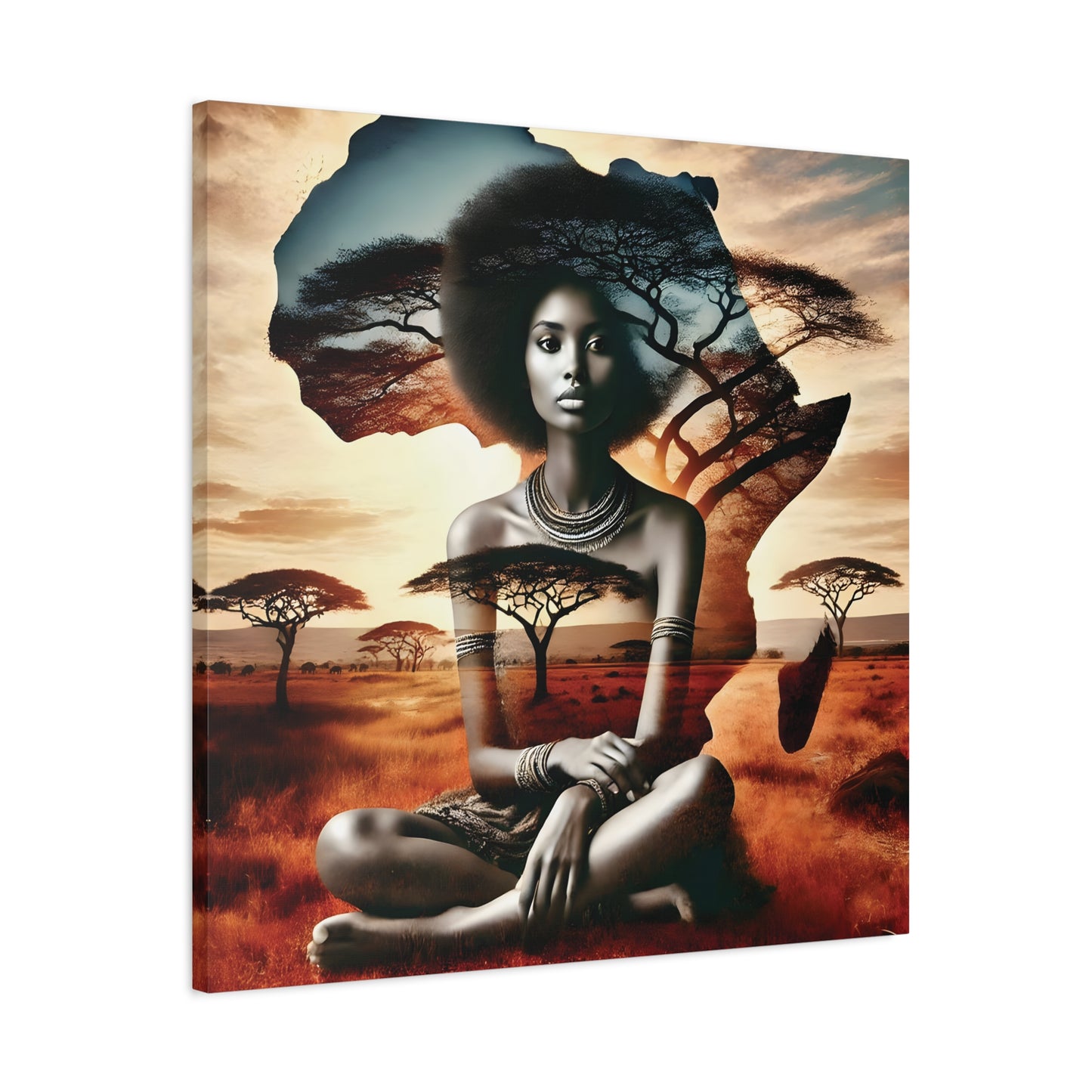 African Queen Canvas Wall Art Print – Afrocentric Woman with Africa Map and Acacia Trees, Ethnic Vibe and Culture Lovers, Living Room Art