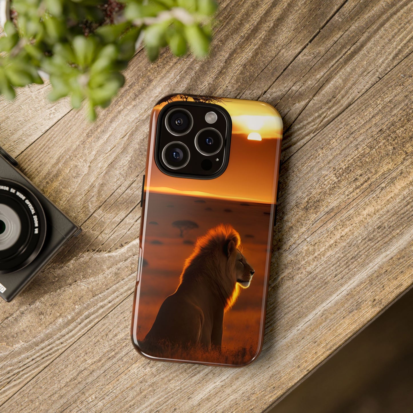 Lion Sunset Phone Case – Majestic Wildlife Art with Tree Silhouette, Safari-Inspired Protective Cover