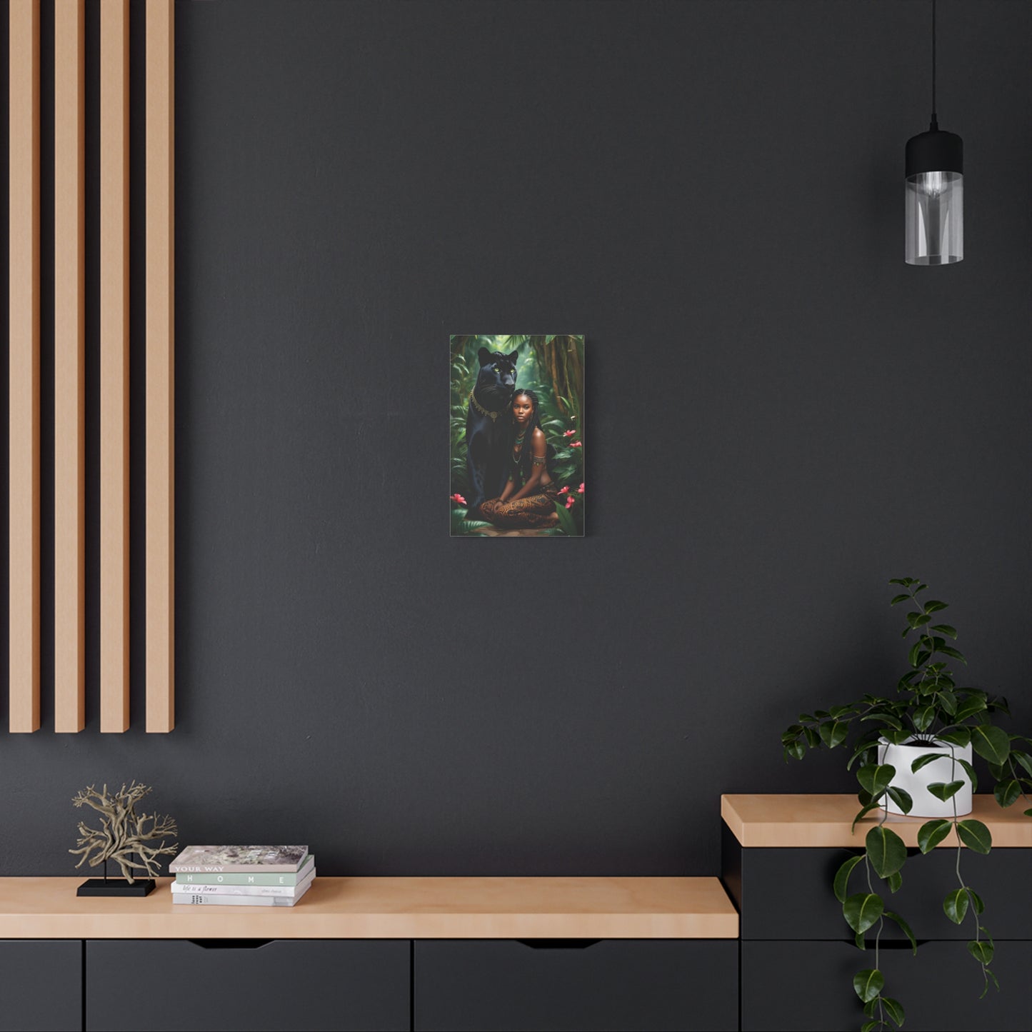 Exotic Jungle Canvas Art Print, Black Panther and Woman Wall Decor, Nature Lover Gift, Bohemian Home Art, Tropical Vibe Decoration, Afro Art