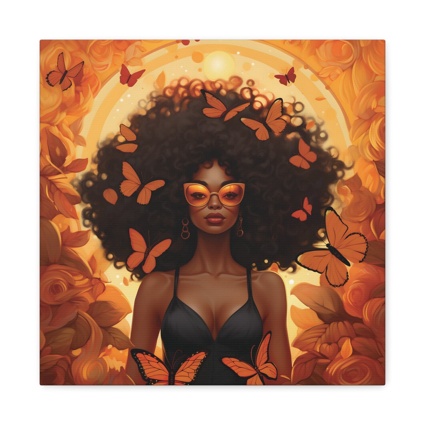Vibrant Afro Woman Canvas Art, Boho Wall Decor, Unique Gift for Home, Butterfly and Flower Print, Black Art for All Occasions