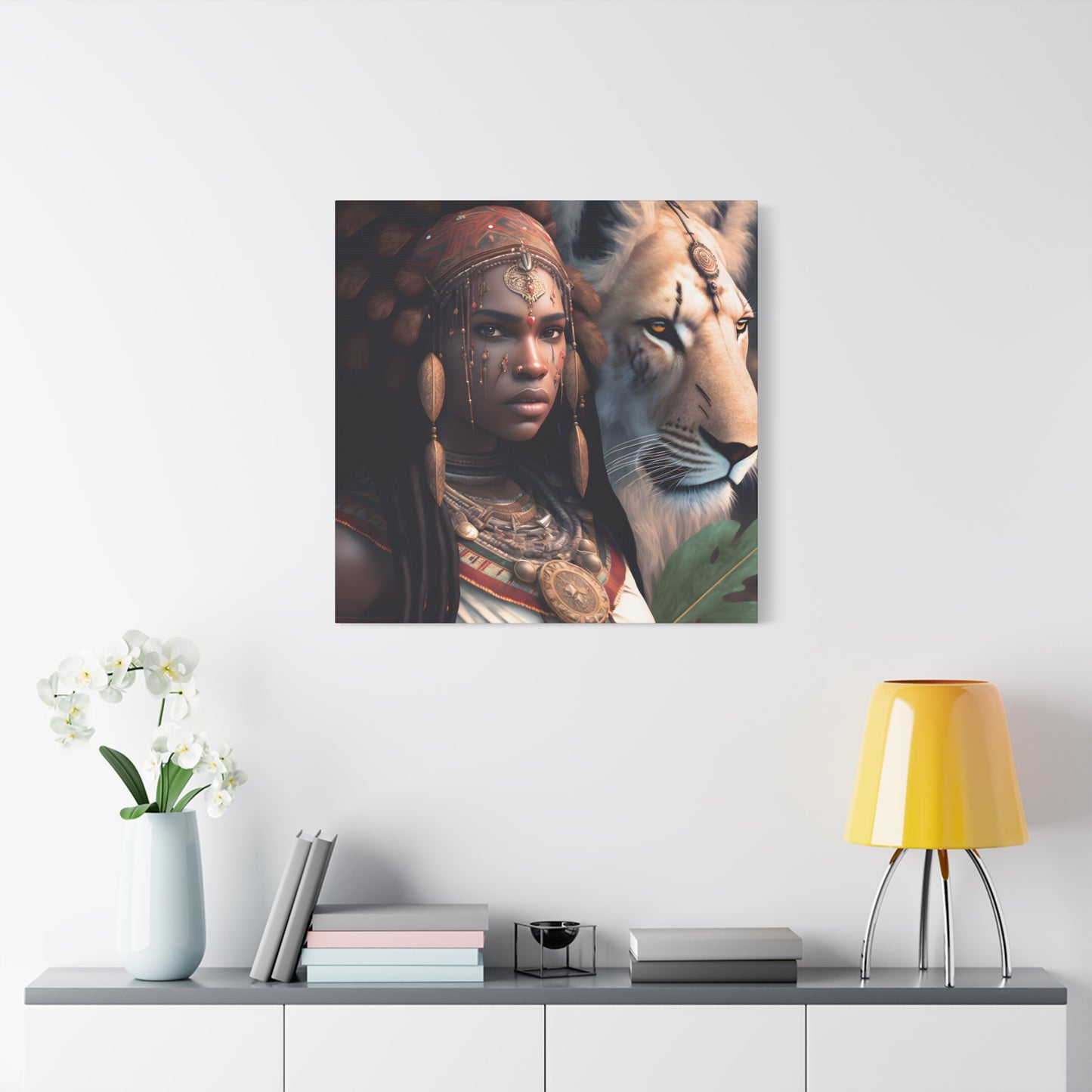 African Tribal Queen and White Lion Canvas – Regal Afrocentric Canvas Art Print, Bohemian Decor, Unique Wall Art, Tribal Home Decoration, Lion and Woman Artwork, Gift for Nature Lovers