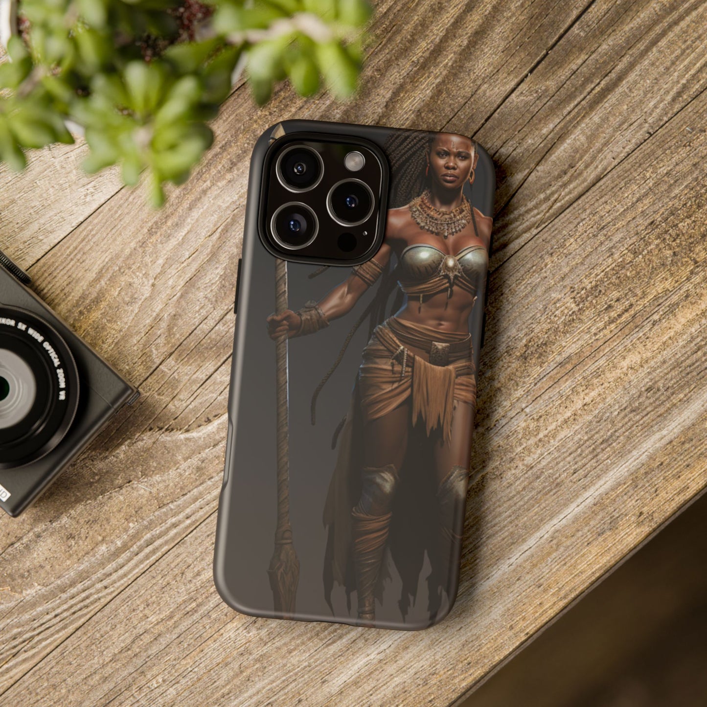 African Female Warrior Phone Case – Powerful Spear-Wielding Tribal Art Design, Bold Protective Cover