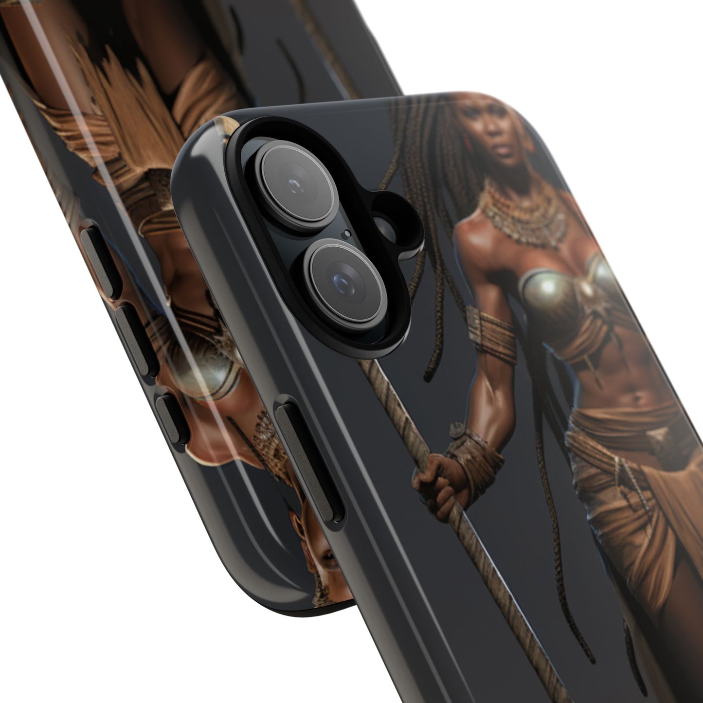 African Female Warrior Phone Case – Powerful Spear-Wielding Tribal Art Design, Bold Protective Cover