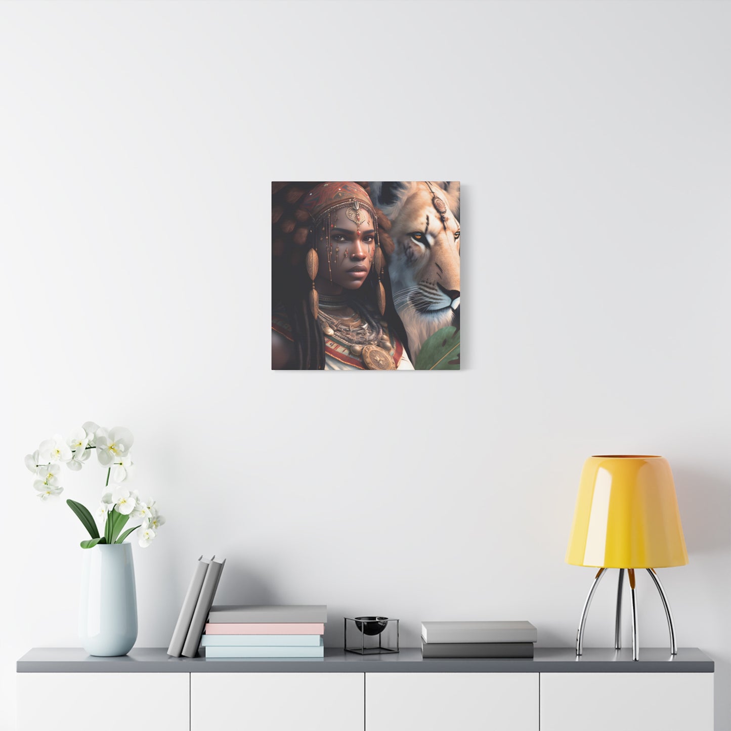 African Tribal Queen and White Lion Canvas – Regal Afrocentric Canvas Art Print, Bohemian Decor, Unique Wall Art, Tribal Home Decoration, Lion and Woman Artwork, Gift for Nature Lovers