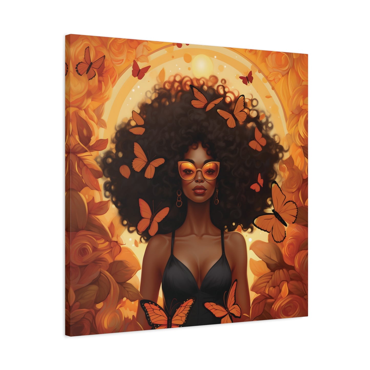 Vibrant Afro Woman Canvas Art, Boho Wall Decor, Unique Gift for Home, Butterfly and Flower Print, Black Art for All Occasions