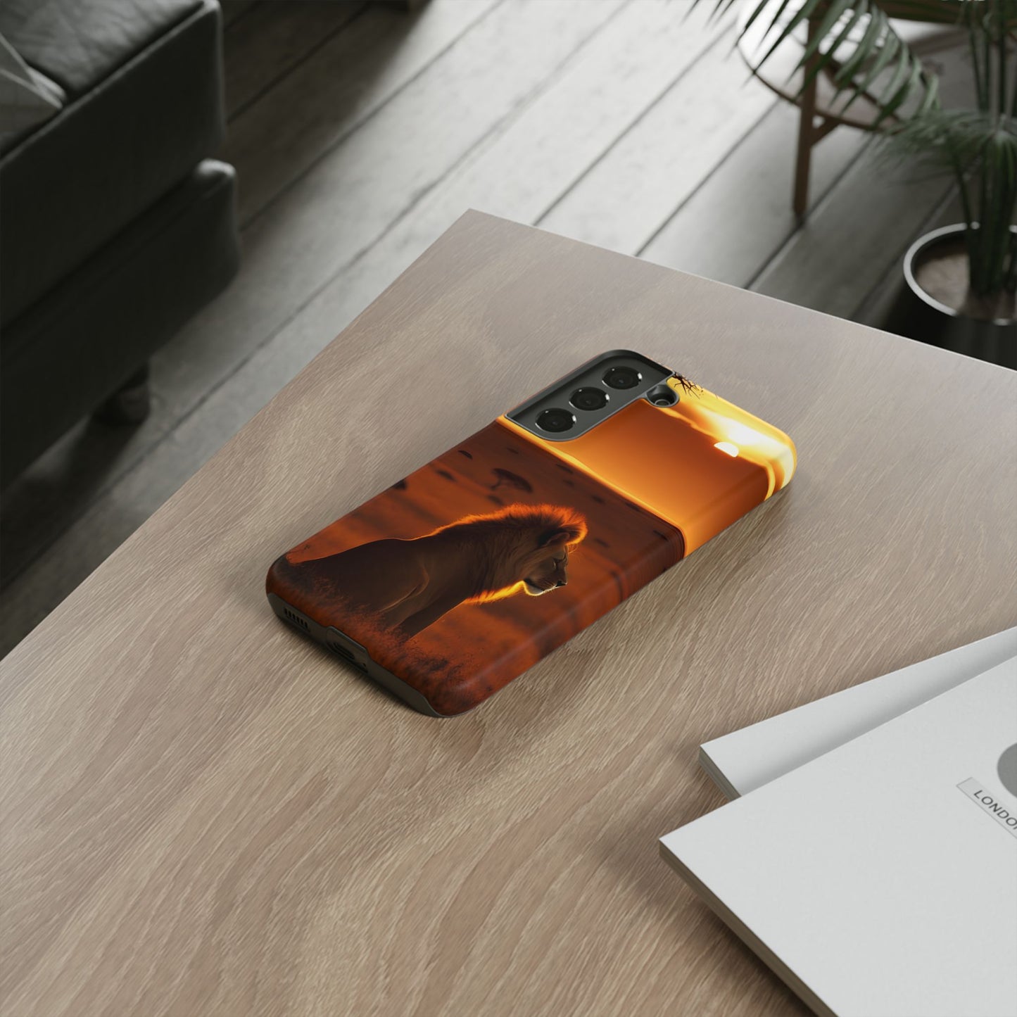 Lion Sunset Phone Case – Majestic Wildlife Art with Tree Silhouette, Safari-Inspired Protective Cover