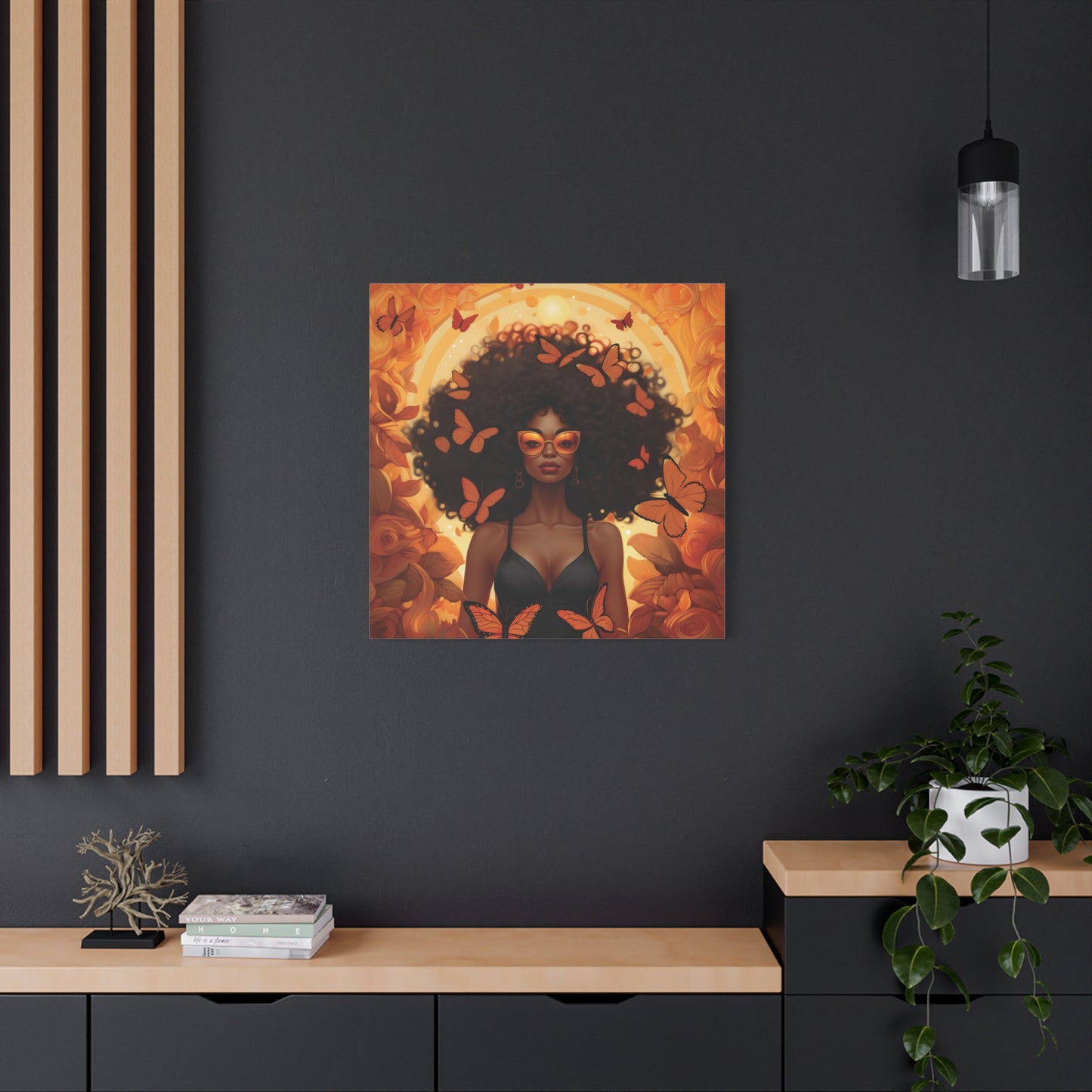 Vibrant Afro Woman Canvas Art, Boho Wall Decor, Unique Gift for Home, Butterfly and Flower Print, Black Art for All Occasions
