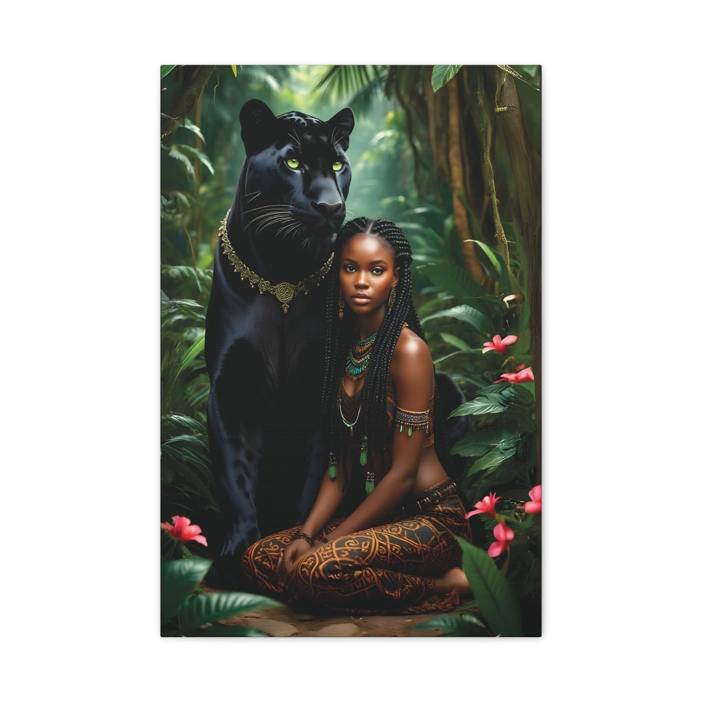 Exotic Jungle Canvas Art Print, Black Panther and Woman Wall Decor, Nature Lover Gift, Bohemian Home Art, Tropical Vibe Decoration, Afro Art