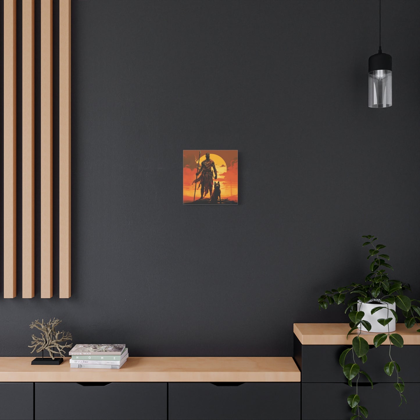 African Warrior and Guardian Dog Canvas artwork Print – Epic Sunset Wall Art for Bold Spaces, Wall Art, Home Decor, Unique Gift, Nature Inspired, Adventure Wall Hanging, Inspirational Art