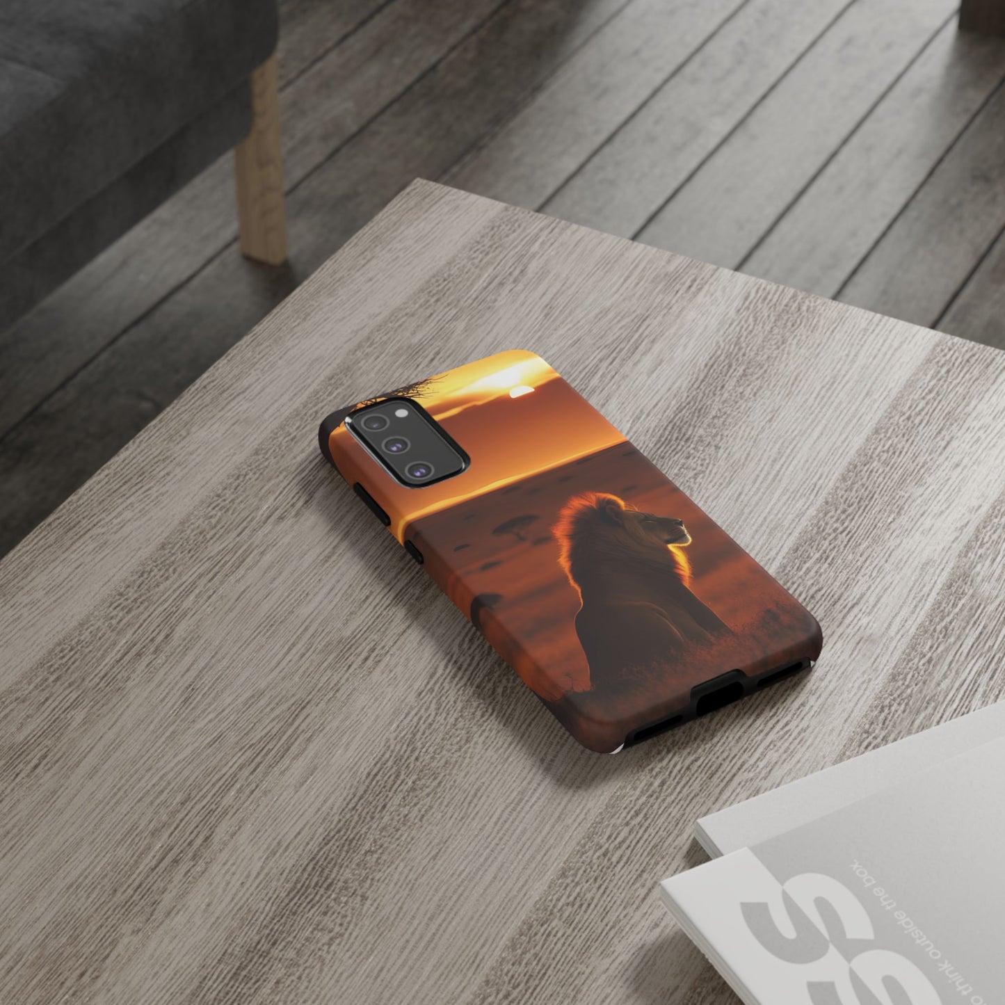 Lion Sunset Phone Case – Majestic Wildlife Art with Tree Silhouette, Safari-Inspired Protective Cover