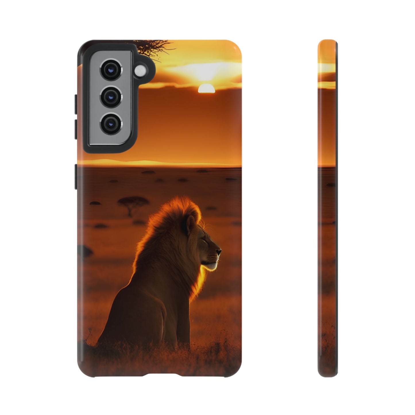 Lion Sunset Phone Case – Majestic Wildlife Art with Tree Silhouette, Safari-Inspired Protective Cover