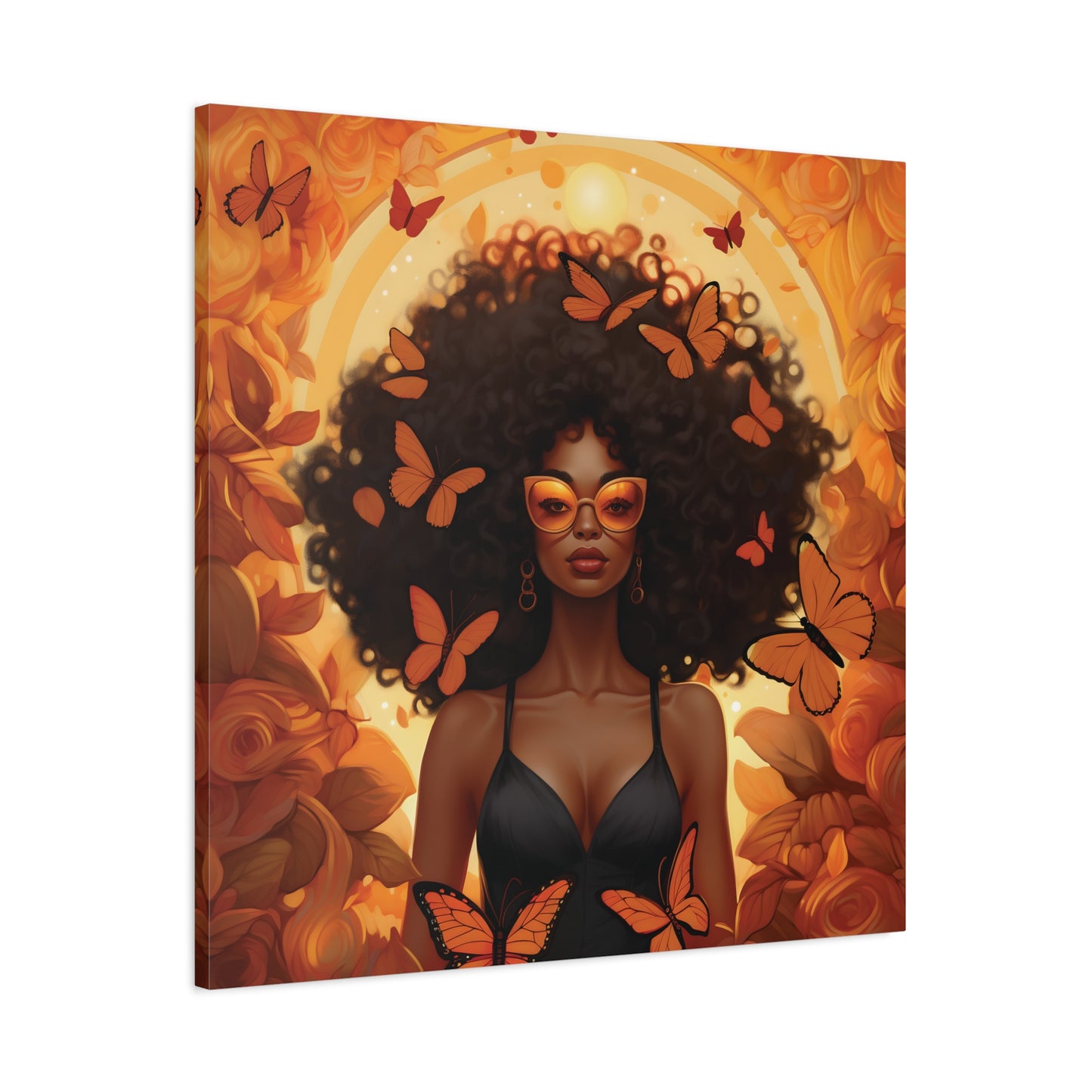 Vibrant Afro Woman Canvas Art, Boho Wall Decor, Unique Gift for Home, Butterfly and Flower Print, Black Art for All Occasions