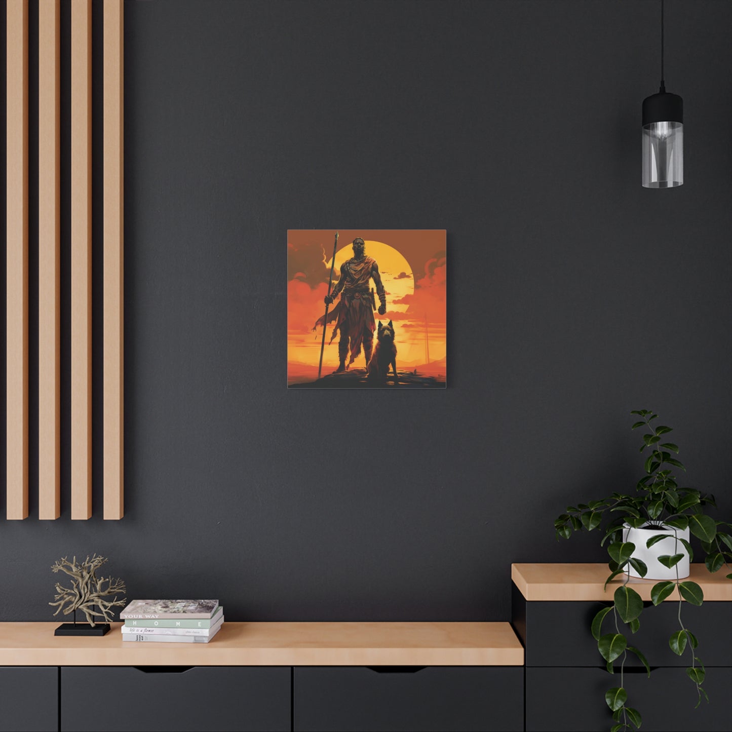 African Warrior and Guardian Dog Canvas artwork Print – Epic Sunset Wall Art for Bold Spaces, Wall Art, Home Decor, Unique Gift, Nature Inspired, Adventure Wall Hanging, Inspirational Art