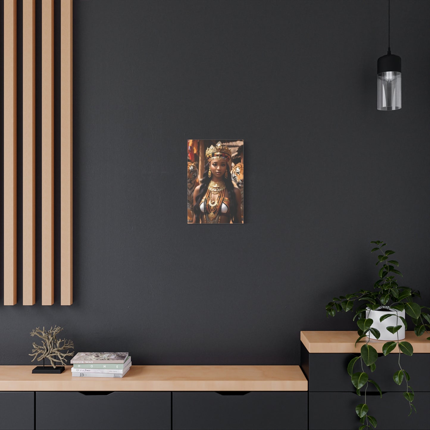 African Royal Queen with Tigers Wall Art – Tribal Crown & Golden Jewelry | Afrocentric Power Decor Bohemian Home Decor, Ethnic Artwork
