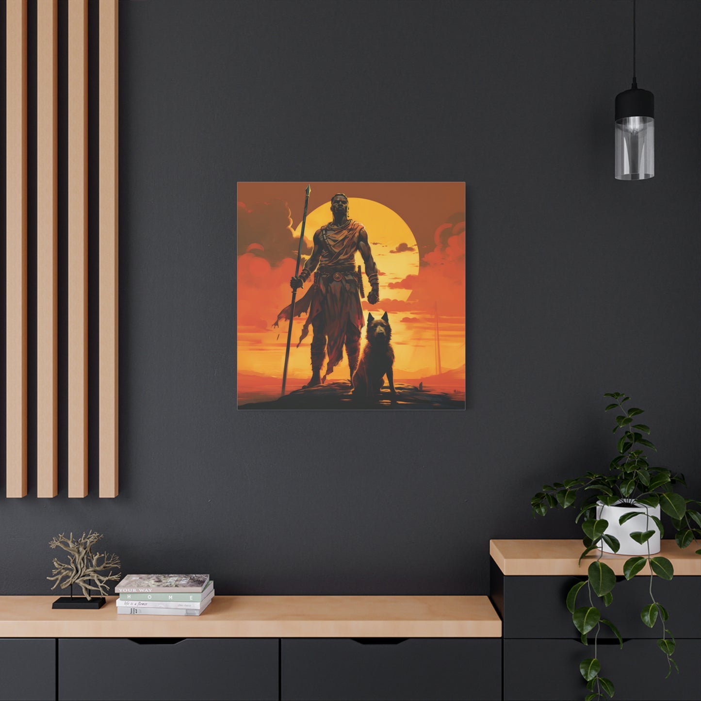 African Warrior and Guardian Dog Canvas artwork Print – Epic Sunset Wall Art for Bold Spaces, Wall Art, Home Decor, Unique Gift, Nature Inspired, Adventure Wall Hanging, Inspirational Art
