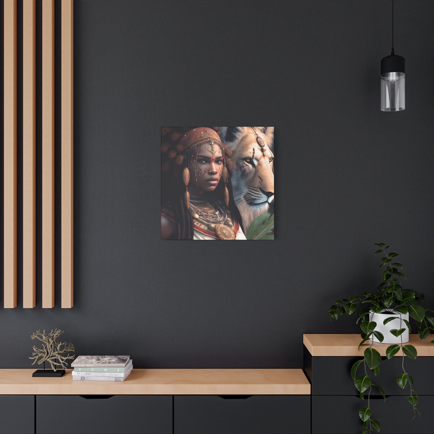 African Tribal Queen and White Lion Canvas – Regal Afrocentric Canvas Art Print, Bohemian Decor, Unique Wall Art, Tribal Home Decoration, Lion and Woman Artwork, Gift for Nature Lovers