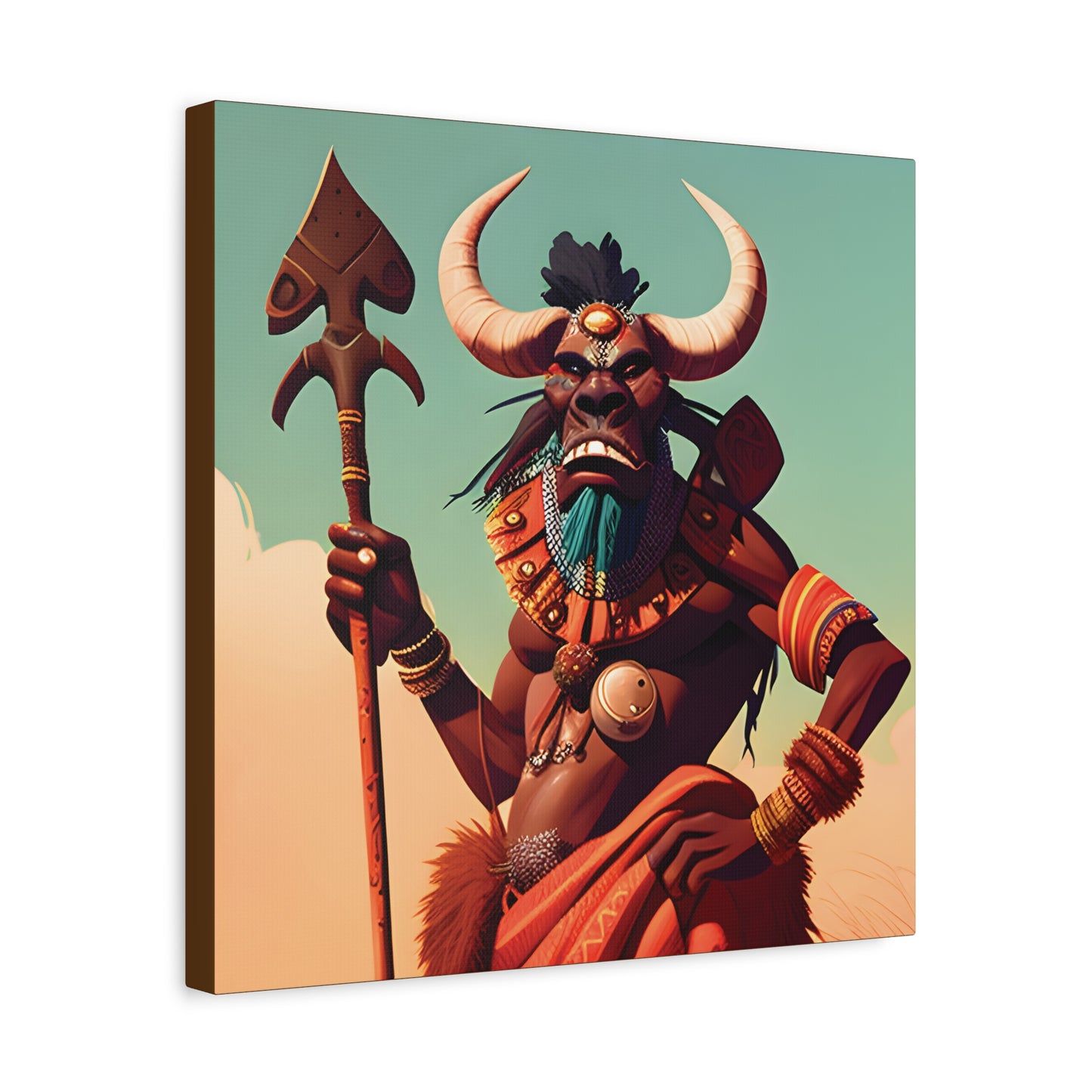 Bold African Tribal Warrior Canvas Art Print, Tribal Wall Decor, Cultural Artwork, Boho Home Decor, Unique Gifts for Him,Warrior Bull Spirit Art