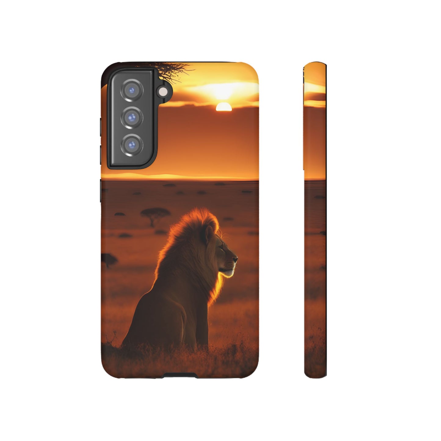 Lion Sunset Phone Case – Majestic Wildlife Art with Tree Silhouette, Safari-Inspired Protective Cover