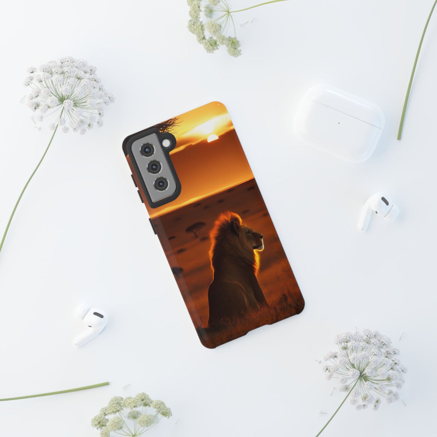 Lion Sunset Phone Case – Majestic Wildlife Art with Tree Silhouette, Safari-Inspired Protective Cover