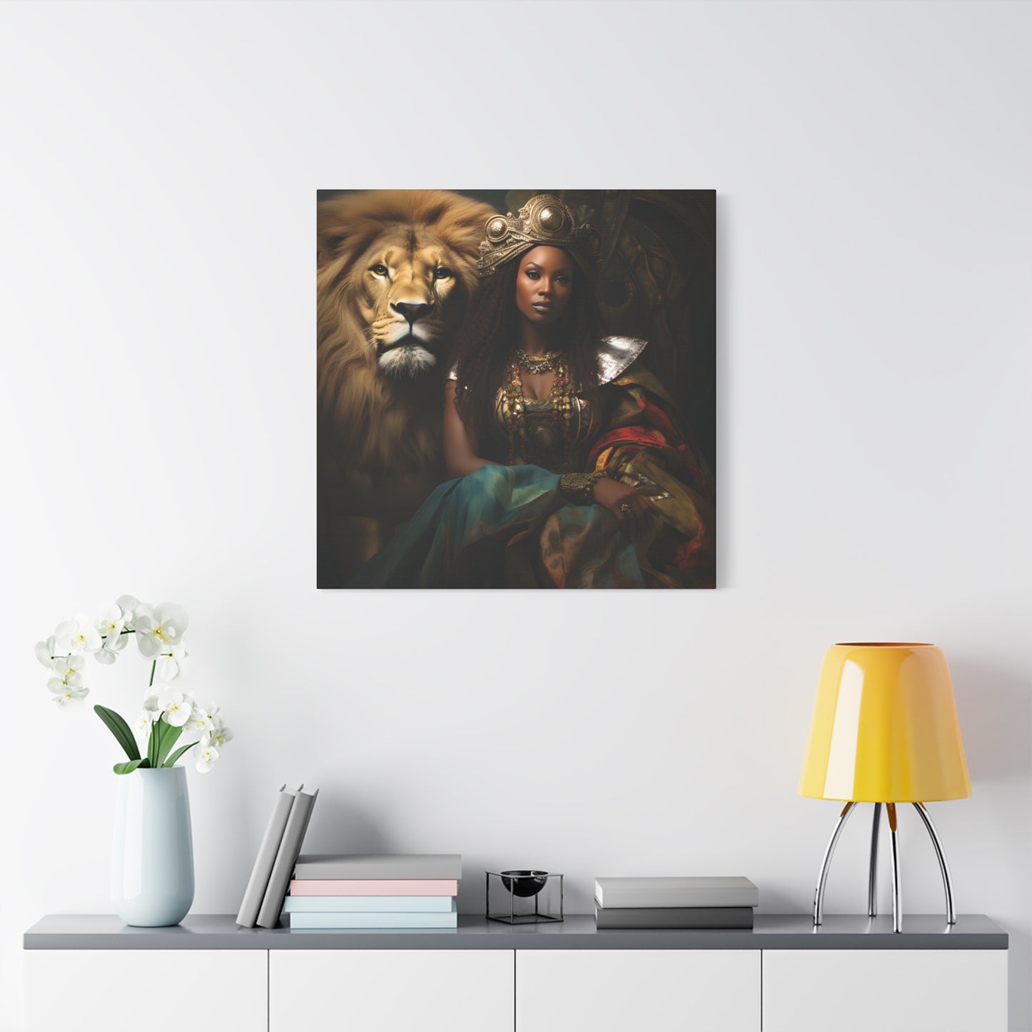 African Queen and Lion Royal Portrait – Regal Afrocentric Wall Art Print, Home Decor, Gift for Animal Lovers, Royalty Theme, Artful Decor