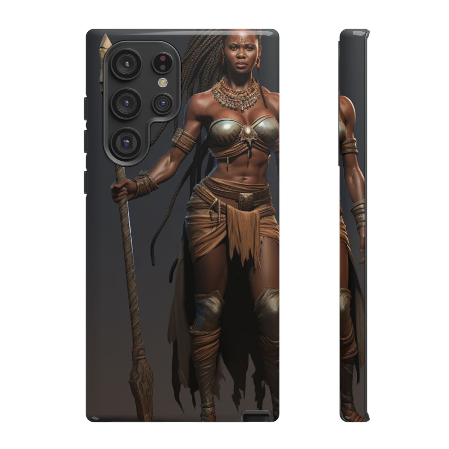African Female Warrior Phone Case – Powerful Spear-Wielding Tribal Art Design, Bold Protective Cover
