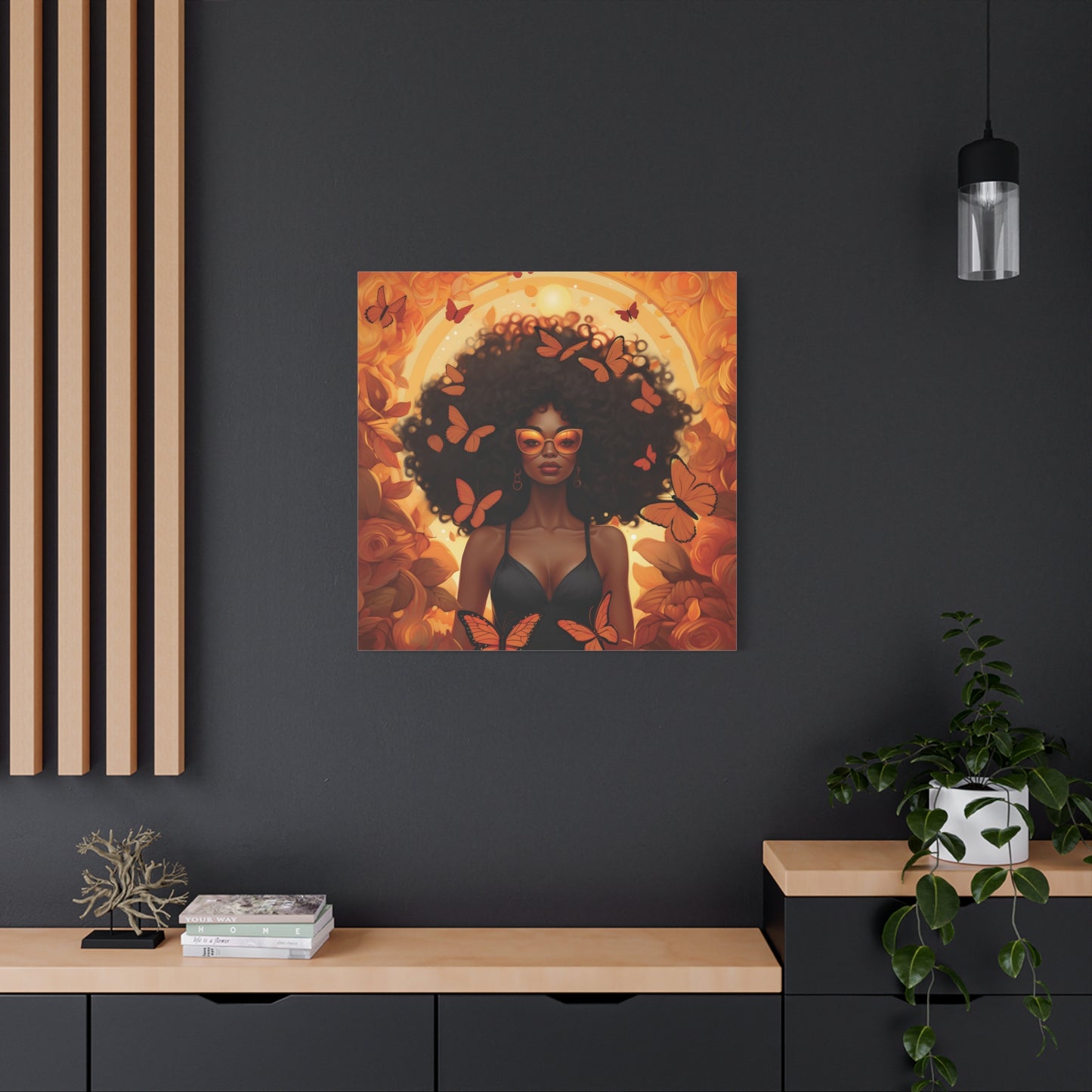 Vibrant Afro Woman Canvas Art, Boho Wall Decor, Unique Gift for Home, Butterfly and Flower Print, Black Art for All Occasions