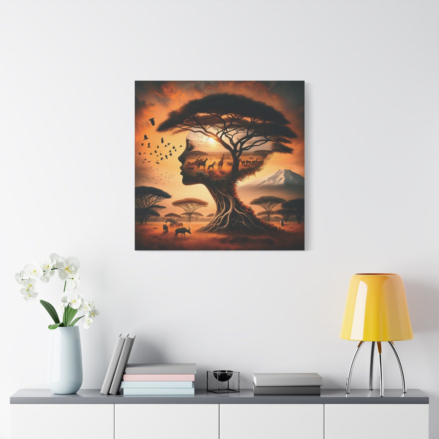 Mother Africa Silhouette Tree Art – Afrocentric Safari Wall Print with Wildlife & Mountain Scene - Dreamy Wall Decor for Nature Lovers, Wildlife Artwork,