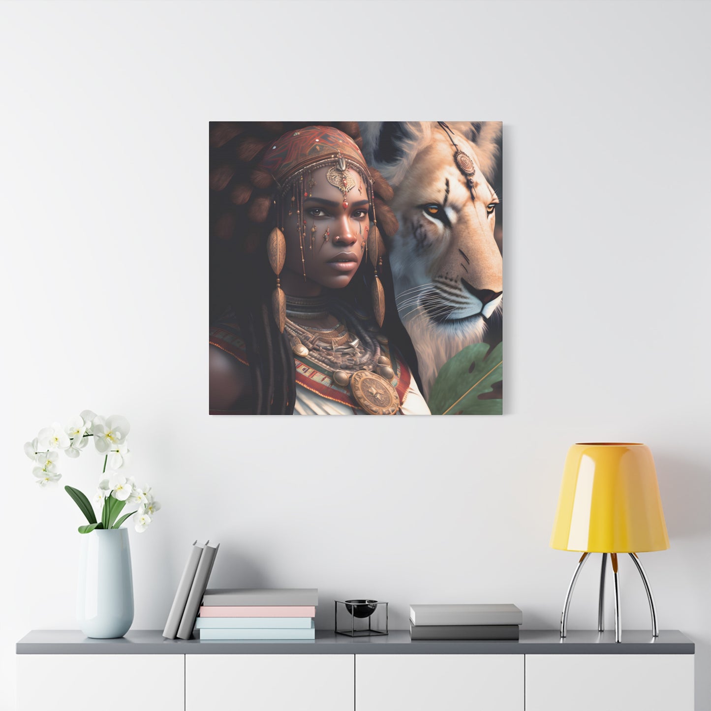 African Tribal Queen and White Lion Canvas – Regal Afrocentric Canvas Art Print, Bohemian Decor, Unique Wall Art, Tribal Home Decoration, Lion and Woman Artwork, Gift for Nature Lovers