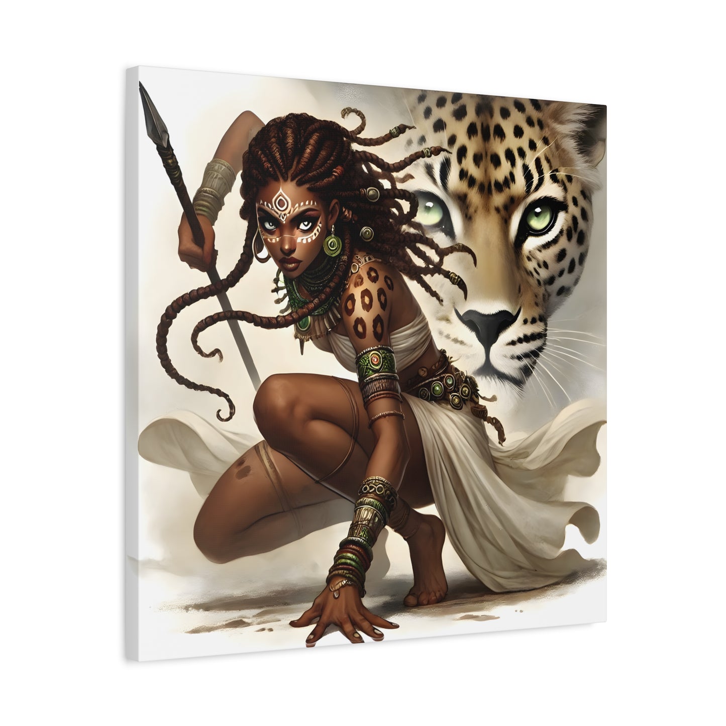 African Warrior Queen and Leopard Art – Empowering Canvas Wall Decor, Jungle Queen, Home Decor, African Art, Nature Inspired