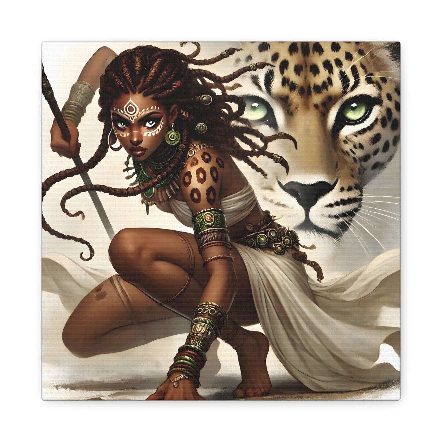 African Warrior Queen and Leopard Art – Empowering Canvas Wall Decor, Jungle Queen, Home Decor, African Art, Nature Inspired