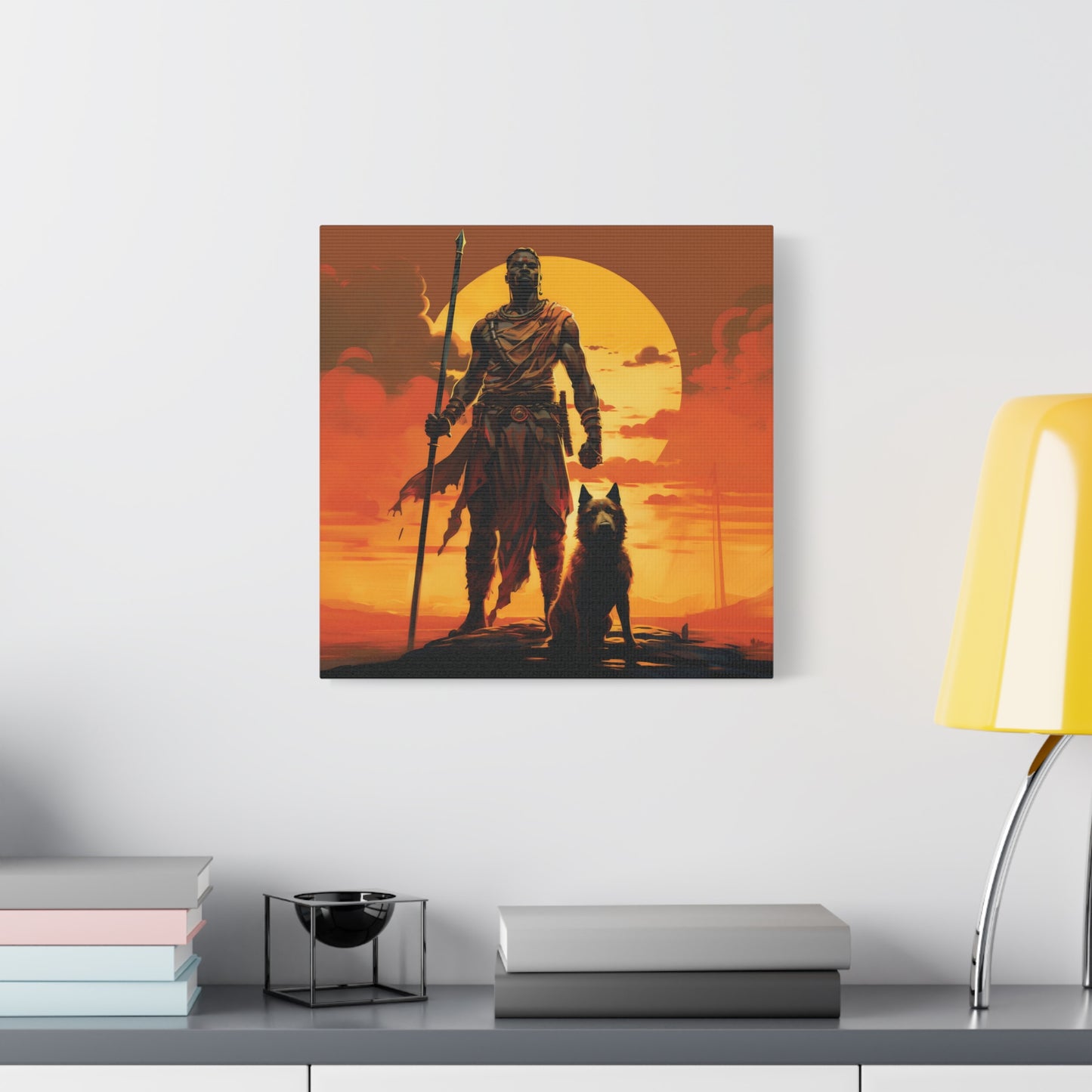 African Warrior and Guardian Dog Canvas artwork Print – Epic Sunset Wall Art for Bold Spaces, Wall Art, Home Decor, Unique Gift, Nature Inspired, Adventure Wall Hanging, Inspirational Art