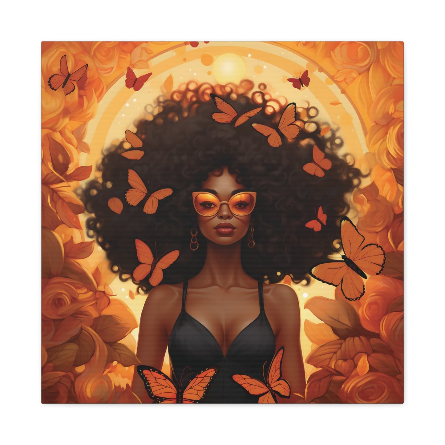 Vibrant Afro Woman Canvas Art, Boho Wall Decor, Unique Gift for Home, Butterfly and Flower Print, Black Art for All Occasions