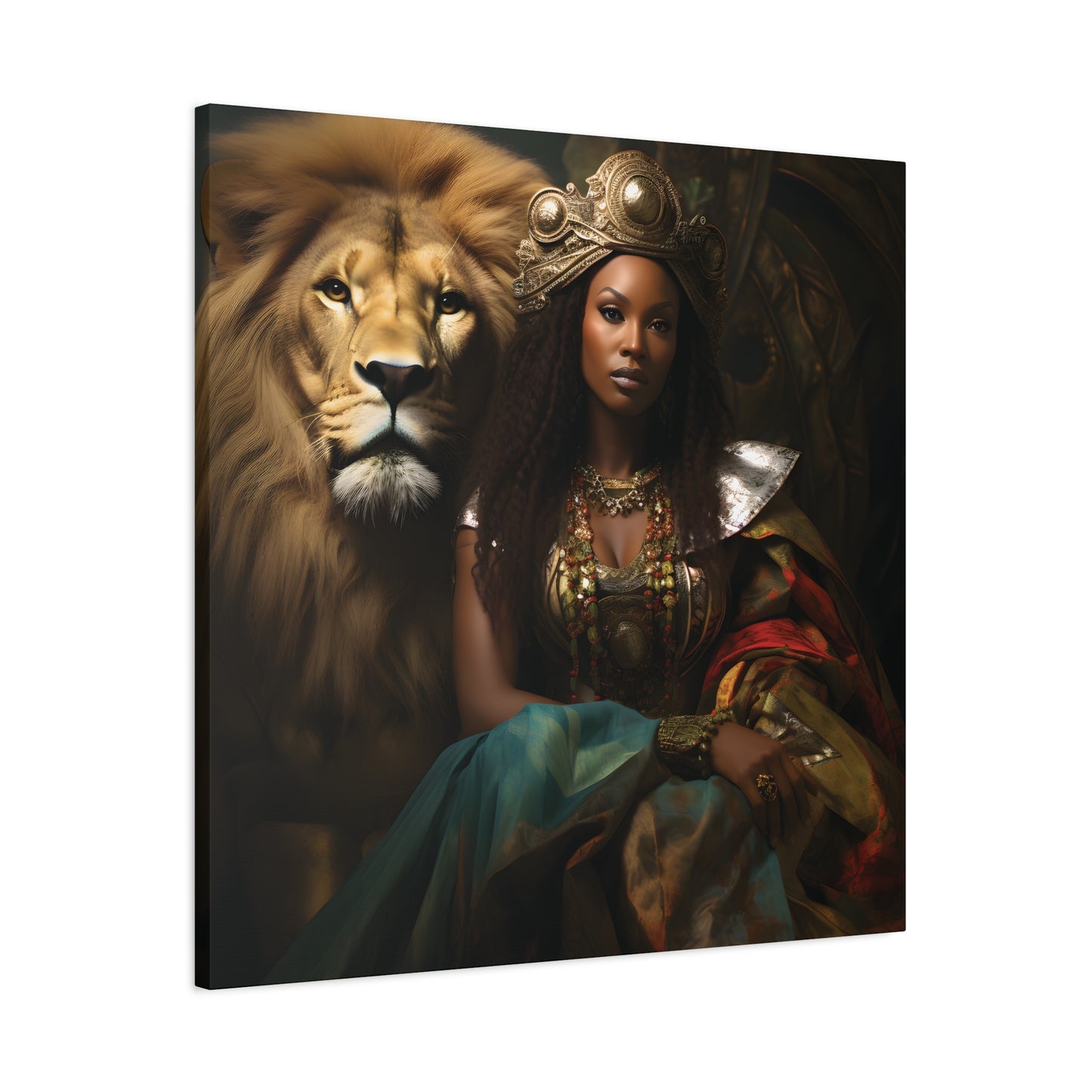 African Queen and Lion Royal Portrait – Regal Afrocentric Wall Art Print, Home Decor, Gift for Animal Lovers, Royalty Theme, Artful Decor