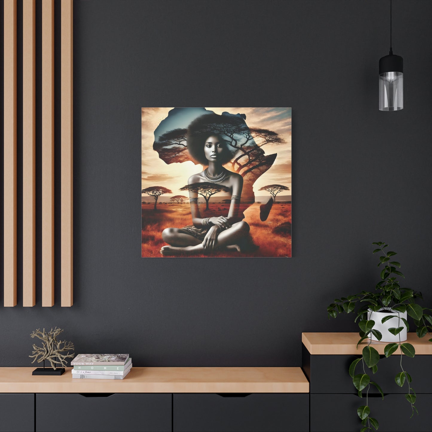 African Queen Canvas Wall Art Print – Afrocentric Woman with Africa Map and Acacia Trees, Ethnic Vibe and Culture Lovers, Living Room Art