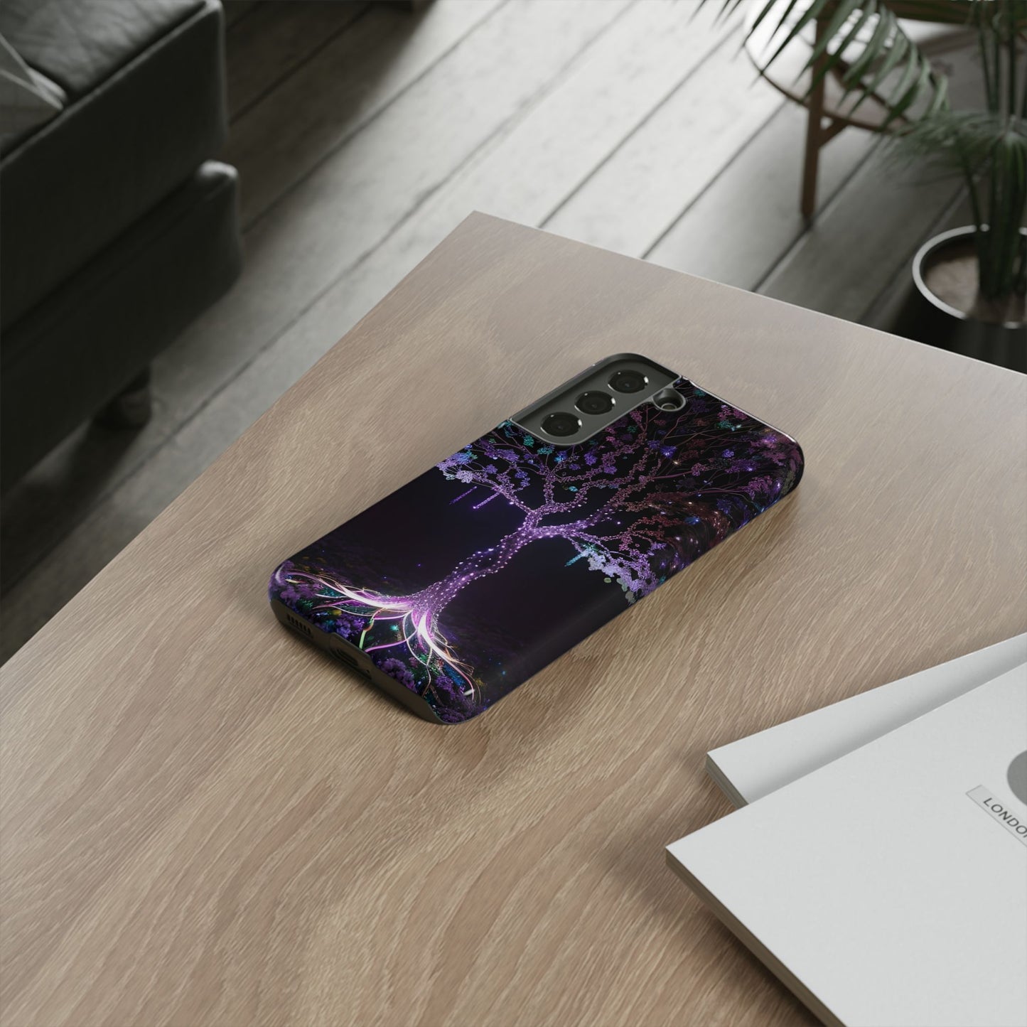 Dark Purple Tree Phone Case – Luminous Nature Art, Mystical Night Design Protective Cove