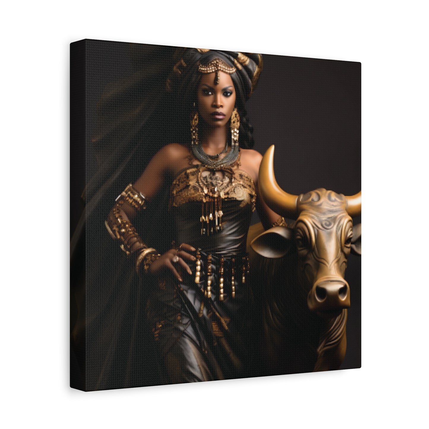 Golden African Queen with Bull – Regal Black Art Canvas for Empowered Spaces, Wall Decor, Home Decoration, Cultural Gift, Unique Artwork, Living Room Art