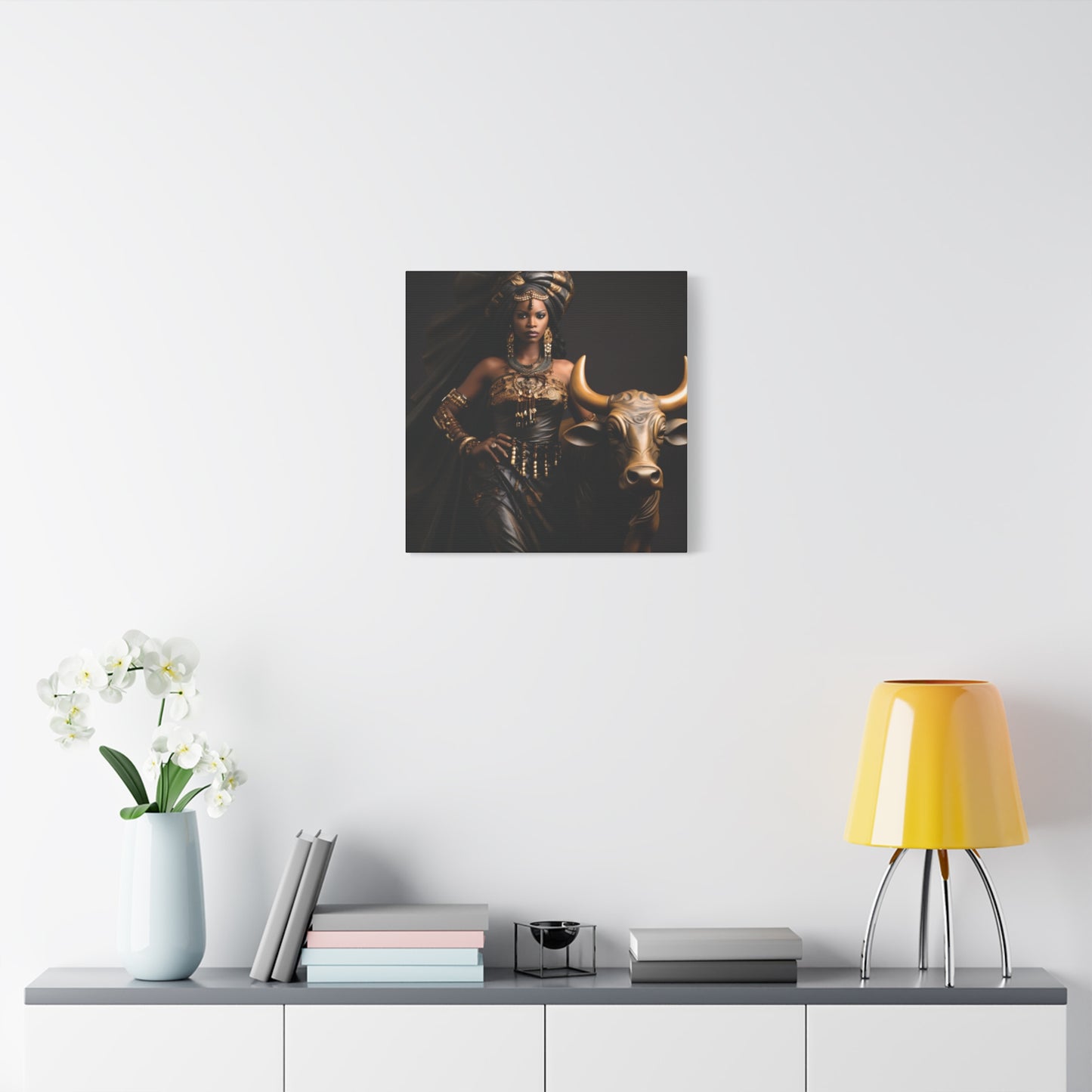 Golden African Queen with Bull – Regal Black Art Canvas for Empowered Spaces, Wall Decor, Home Decoration, Cultural Gift, Unique Artwork, Living Room Art