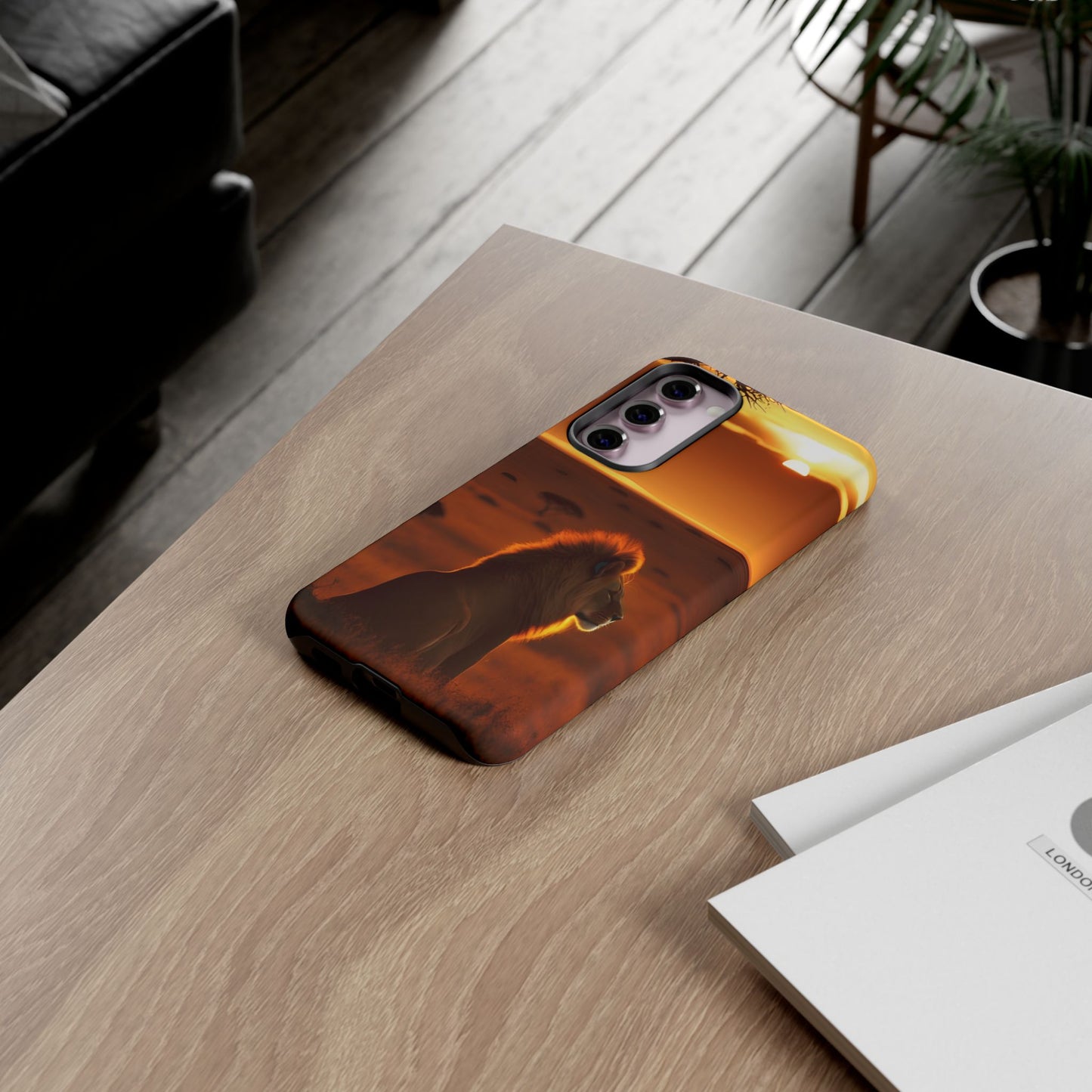 Lion Sunset Phone Case – Majestic Wildlife Art with Tree Silhouette, Safari-Inspired Protective Cover