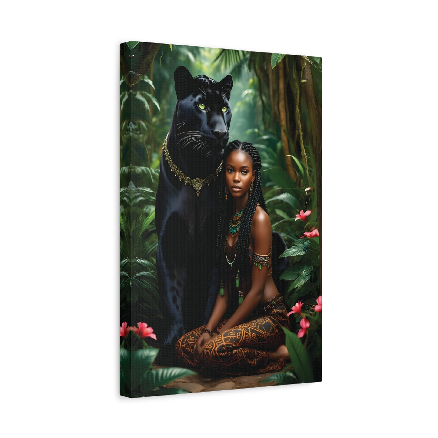 Exotic Jungle Canvas Art Print, Black Panther and Woman Wall Decor, Nature Lover Gift, Bohemian Home Art, Tropical Vibe Decoration, Afro Art