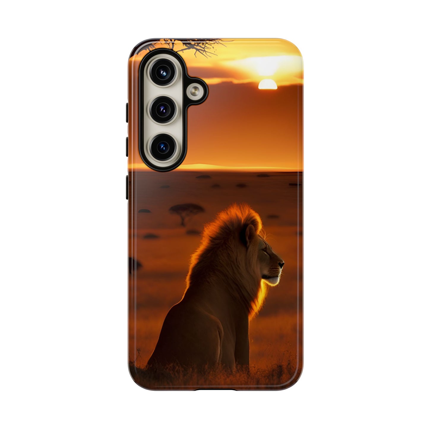 Lion Sunset Phone Case – Majestic Wildlife Art with Tree Silhouette, Safari-Inspired Protective Cover