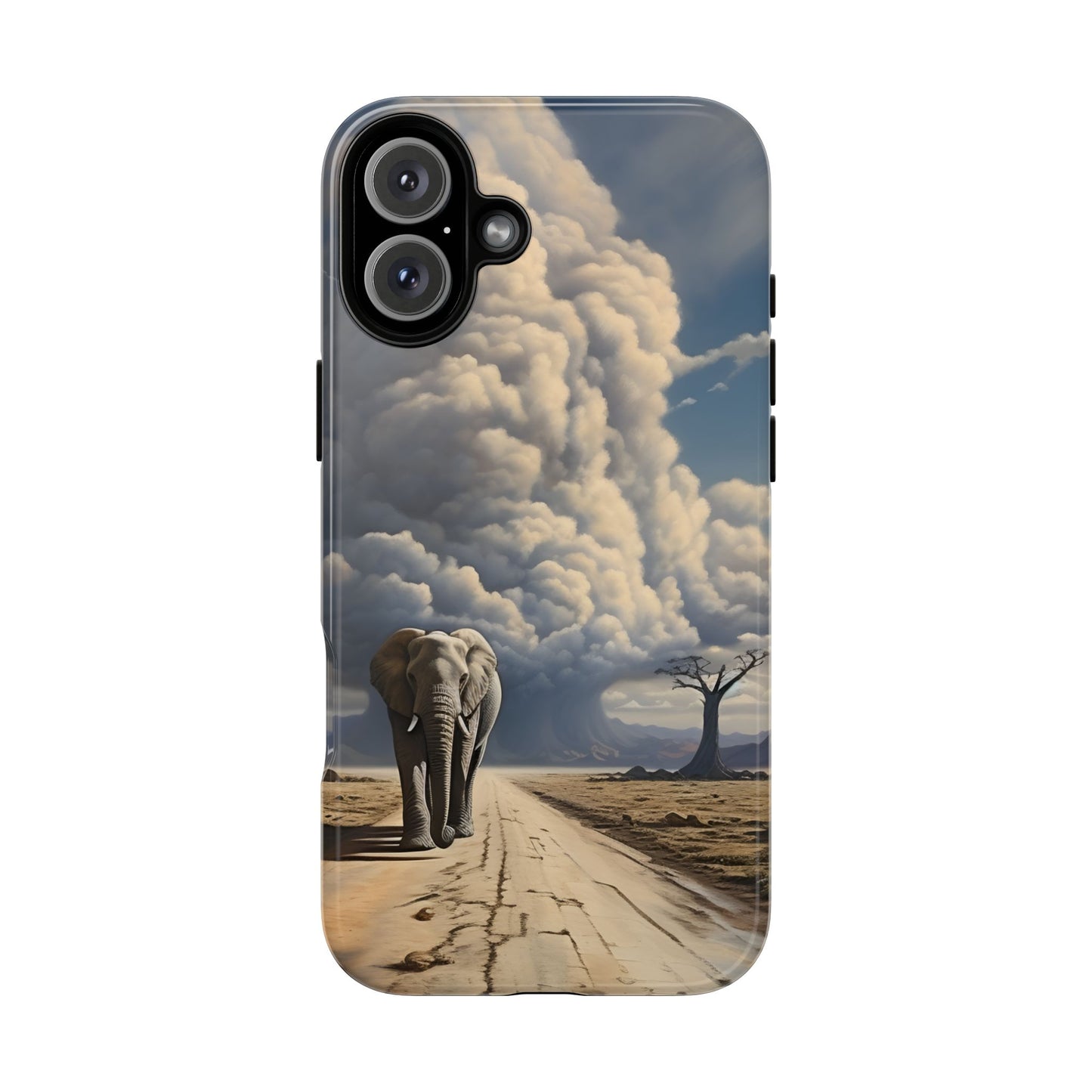 Elephant on Old Road Phone Case – Majestic Wildlife Art with Dramatic Cloud, Nature-Inspired Protective Cover