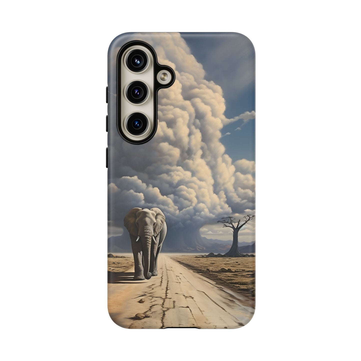 Elephant on Old Road Phone Case – Majestic Wildlife Art with Dramatic Cloud, Nature-Inspired Protective Cover