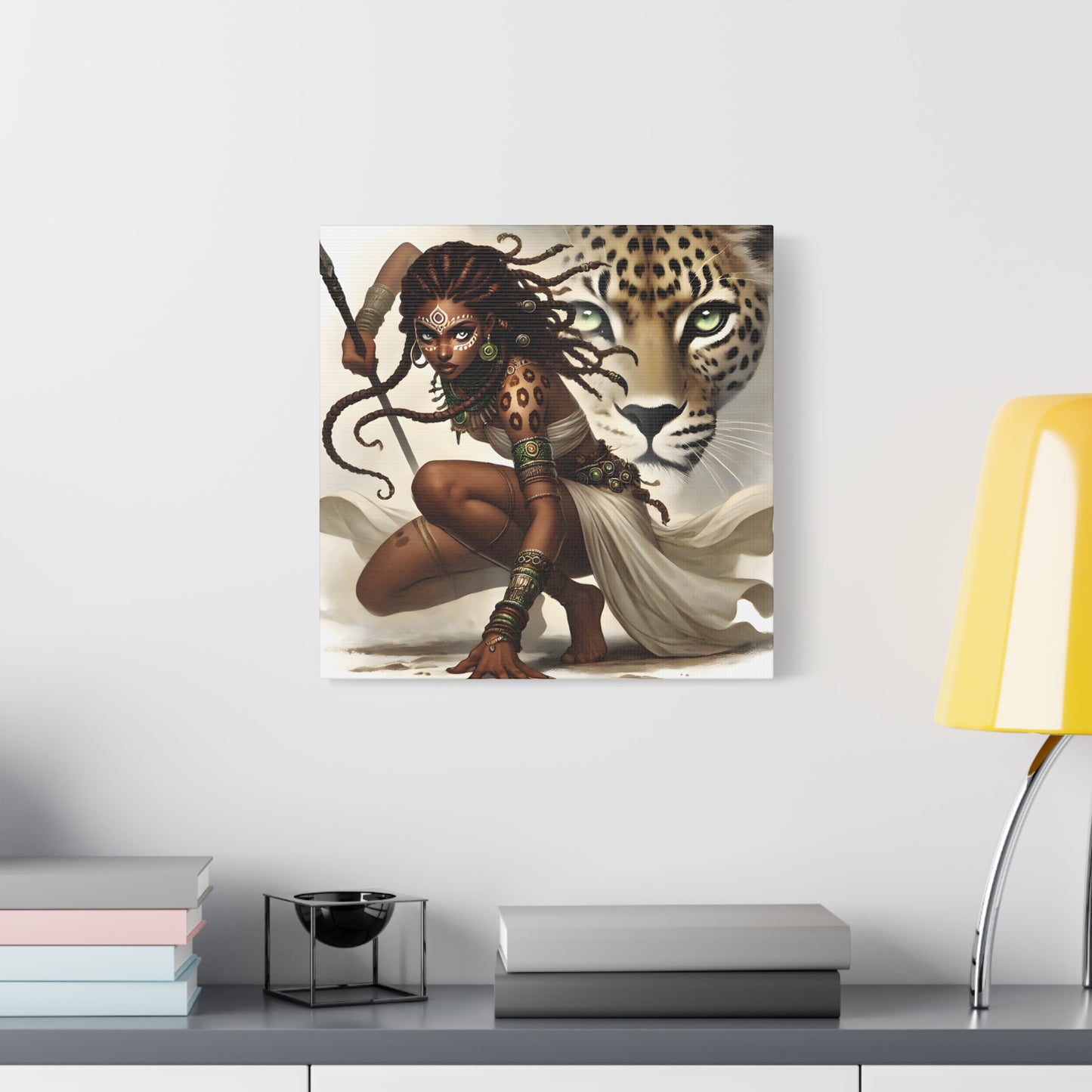 African Warrior Queen and Leopard Art – Empowering Canvas Wall Decor, Jungle Queen, Home Decor, African Art, Nature Inspired