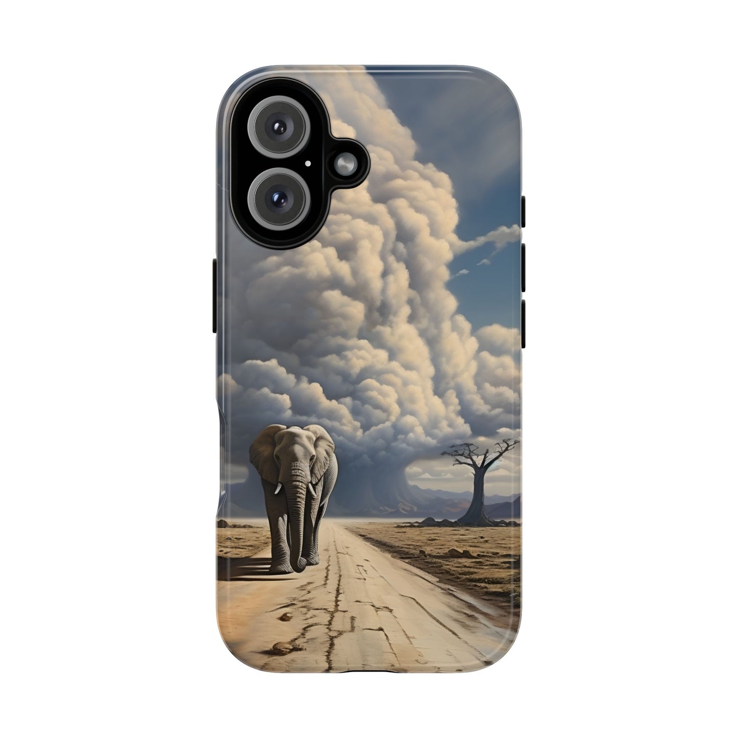 Elephant on Old Road Phone Case – Majestic Wildlife Art with Dramatic Cloud, Nature-Inspired Protective Cover