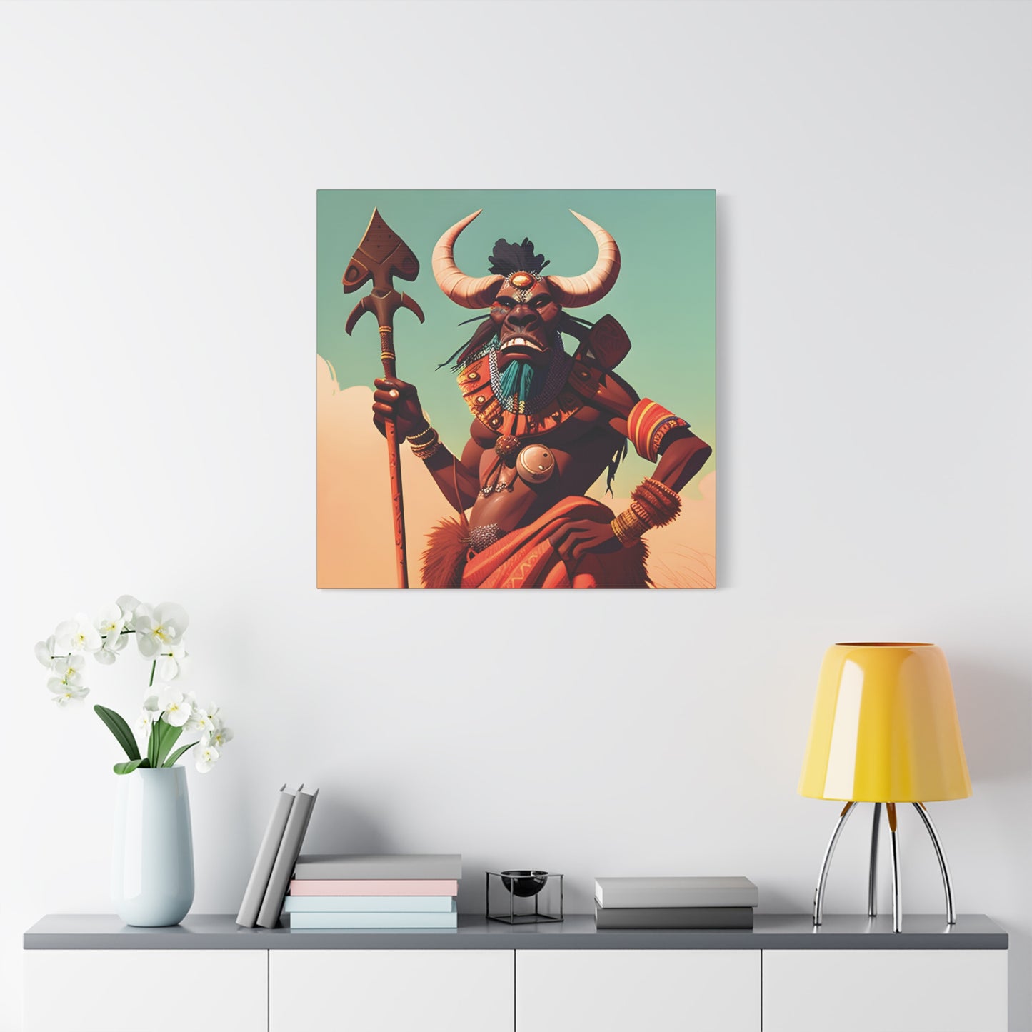 Bold African Tribal Warrior Canvas Art Print, Tribal Wall Decor, Cultural Artwork, Boho Home Decor, Unique Gifts for Him,Warrior Bull Spirit Art