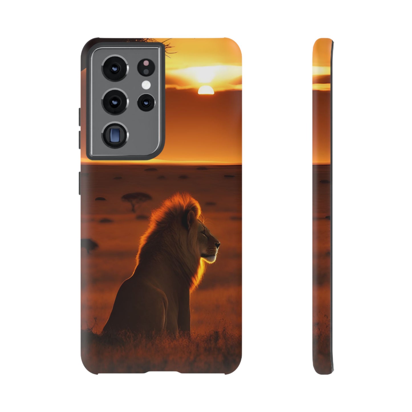 Lion Sunset Phone Case – Majestic Wildlife Art with Tree Silhouette, Safari-Inspired Protective Cover