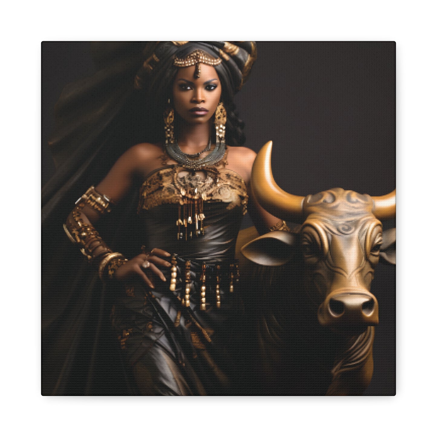 Golden African Queen with Bull – Regal Black Art Canvas for Empowered Spaces, Wall Decor, Home Decoration, Cultural Gift, Unique Artwork, Living Room Art