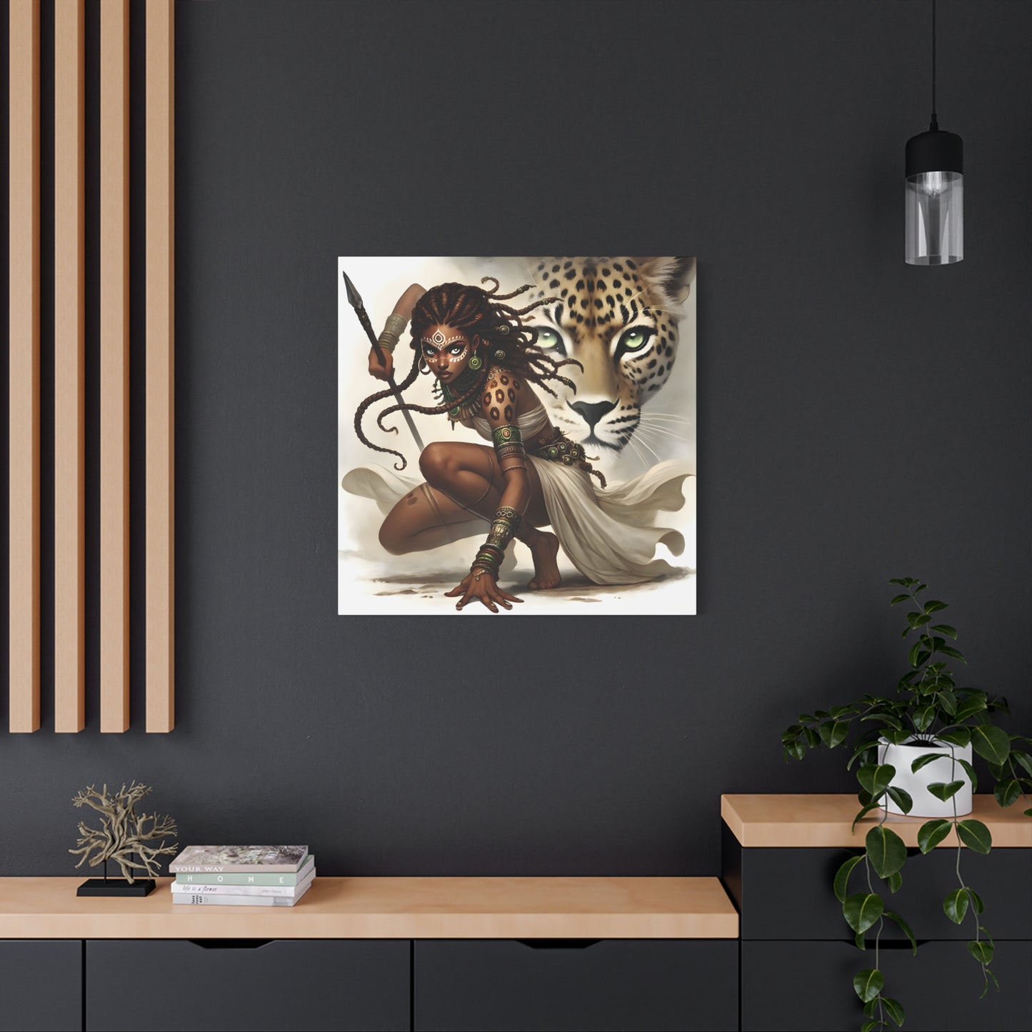 African Warrior Queen and Leopard Art – Empowering Canvas Wall Decor, Jungle Queen, Home Decor, African Art, Nature Inspired