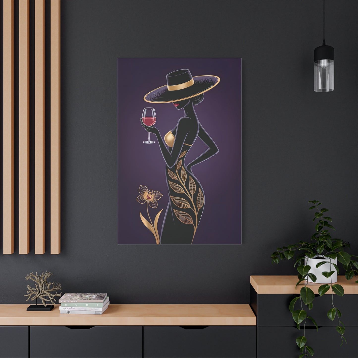 Elegant Afro Woman Canvas Wall Art – Black & Gold Fashion Lady with Wine Glass, Stylish Wall Art, Modern Home, Gift for Hostess, Fashionable Wall Decor