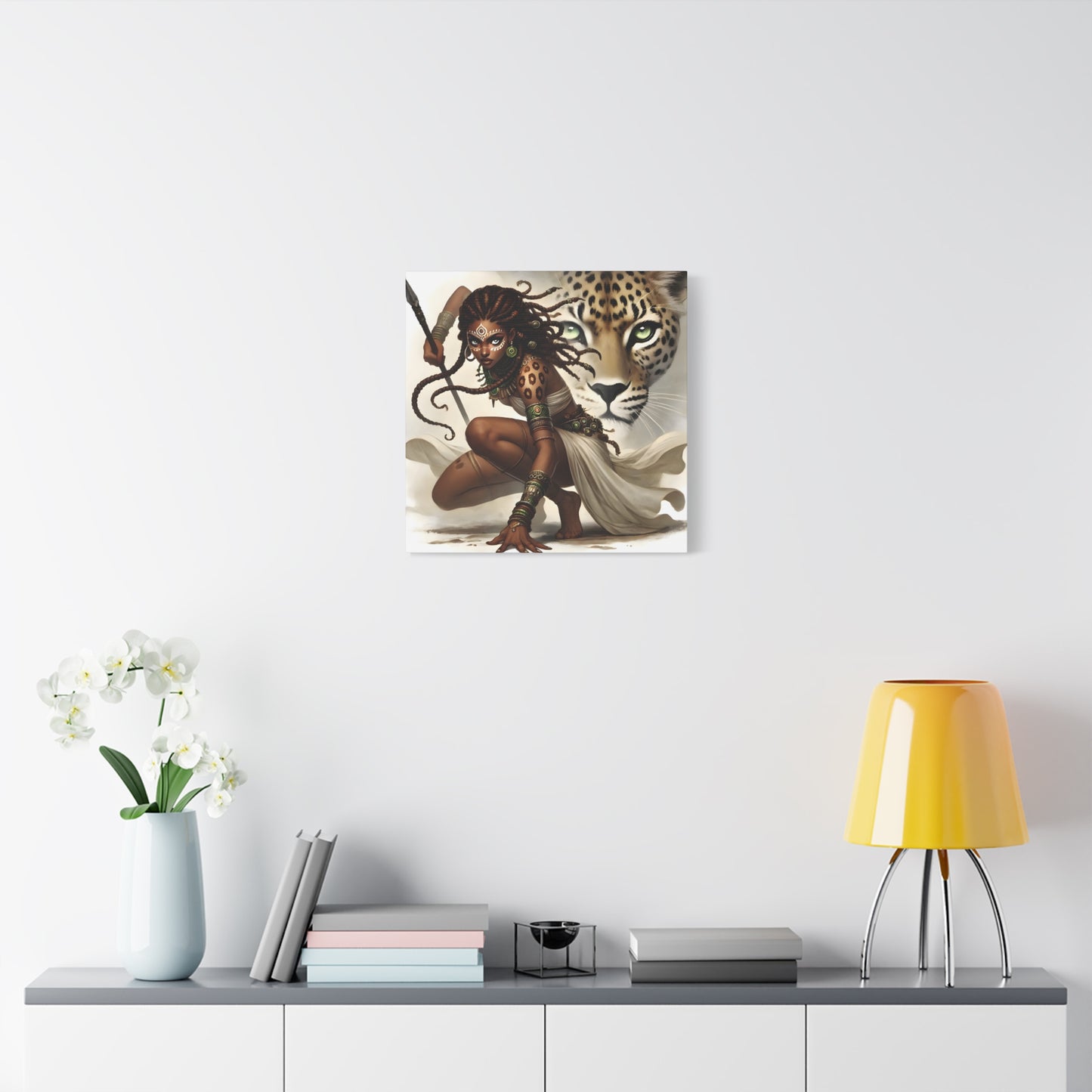 African Warrior Queen and Leopard Art – Empowering Canvas Wall Decor, Jungle Queen, Home Decor, African Art, Nature Inspired
